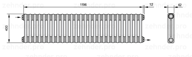 Схема (чертеж) Радиатор Zehnder Charleston 2040/26 №1670 Белый глянцевый RAL 9016